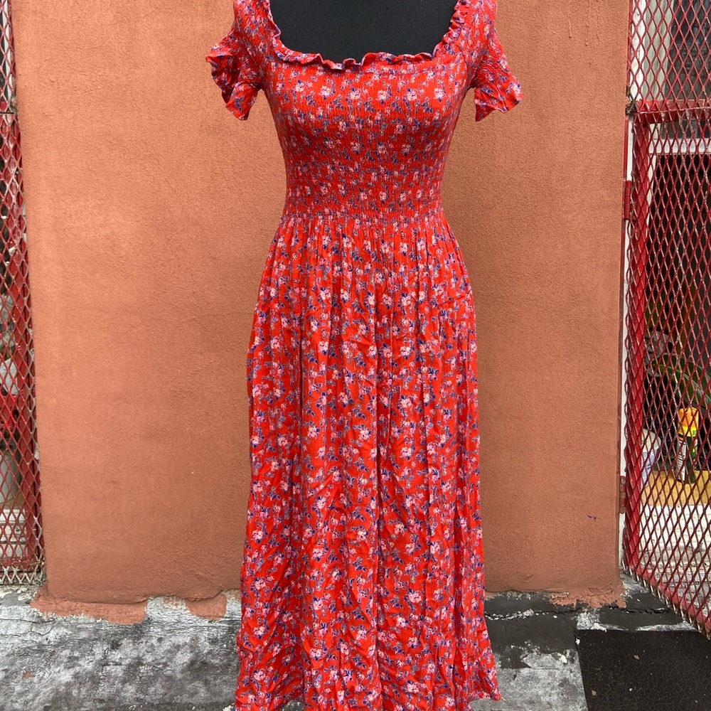 Off the shoulder red floral maxi dress Kimchi Blue
